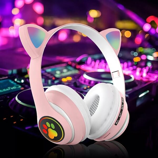 Fone de ouvido gatinho Cat ear Headphone bluetooth (Rosa/Branco)