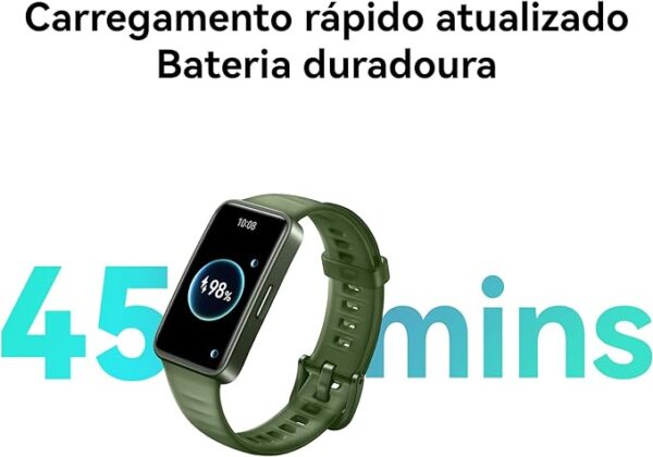 O HUAWEI Band 8 apresenta uma tela AMOLED de 1,47 sem moldura e um design de ponta que exala elegância mesmo quando é quase imperceptível no pulso.