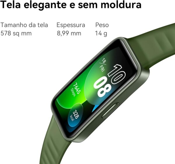 O HUAWEI Band 8 apresenta uma tela AMOLED de 1,47 sem moldura e um design de ponta que exala elegância mesmo quando é quase imperceptível no pulso.